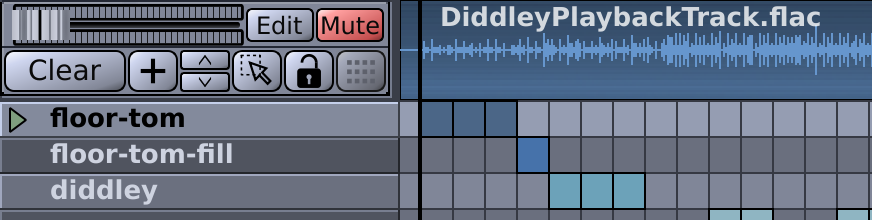 Figure showing the Playback track on top of the Song Editor. At the left side there are several controls: the upper half consists of a larger fader and an "EDIT" (middle) and "MUTE" (right) button. The lower half contains the Main Controls of the Song Editor. The right half is made up by an dark-blue area may will contain the waveform of the Playback track but is empty in this example.