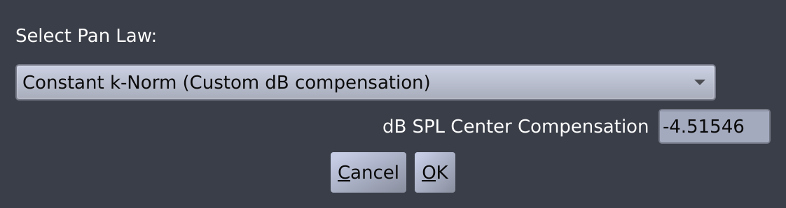 Dialog to "Select Pan Law" with a large dropdown menu in the middle, a text input title "db SPL Center Componensation" below, and the "Cancel" (left) and "OK" (right) buttons at the bottom.