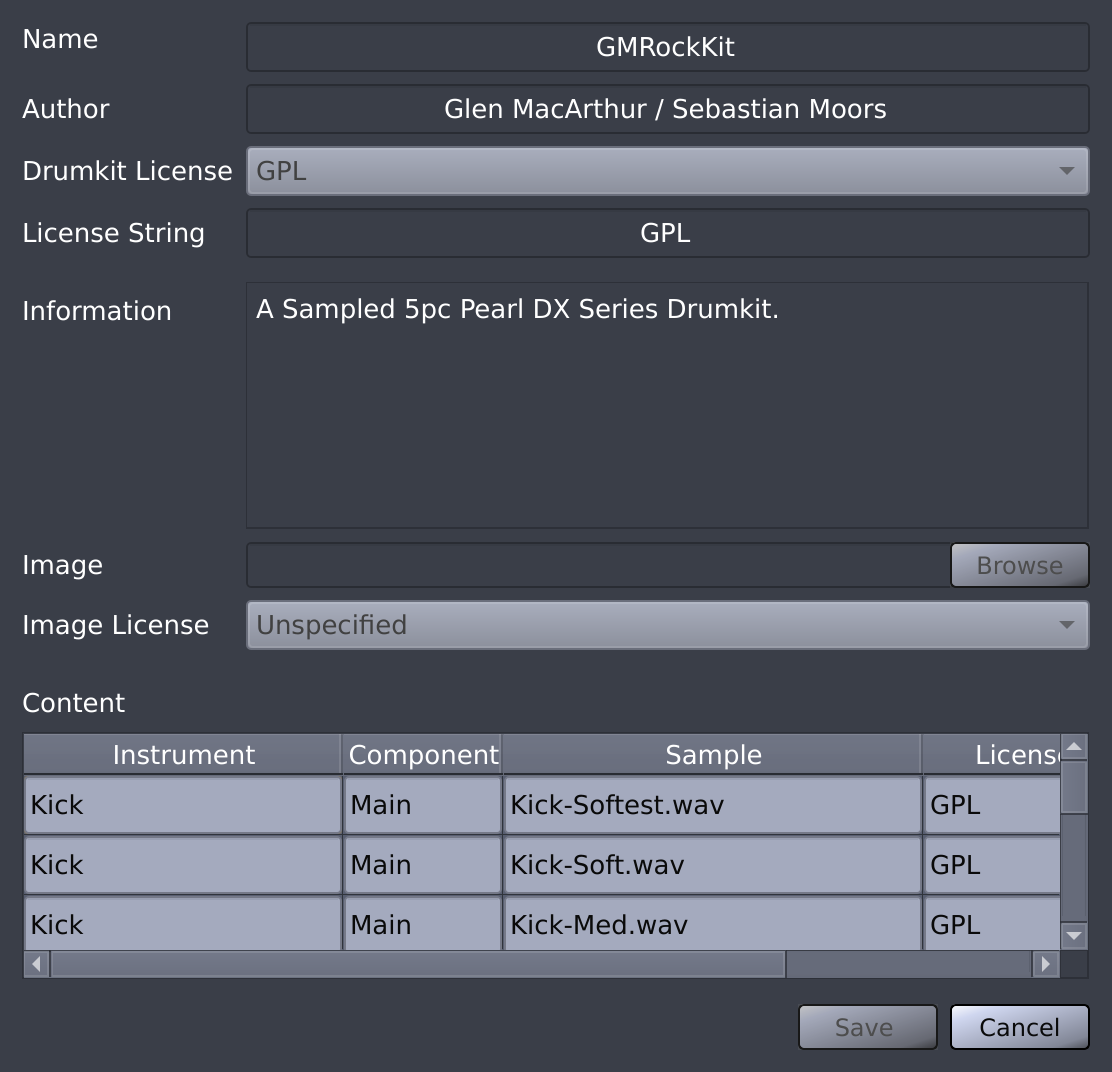 Dialog to view and alter the Properties of a Drumkit