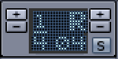 Part of the Main Toolbar responsible for the tempo settings using the Beat Counter. In the center there is a LCD displaying to the left the beat type and to the right on top the current mode of the Beat Counter and the value of the Countdown Counter below. To the left and right of the LCD there are buttons to decrease or increase the beat type (left) and Countdown Counter value (right).