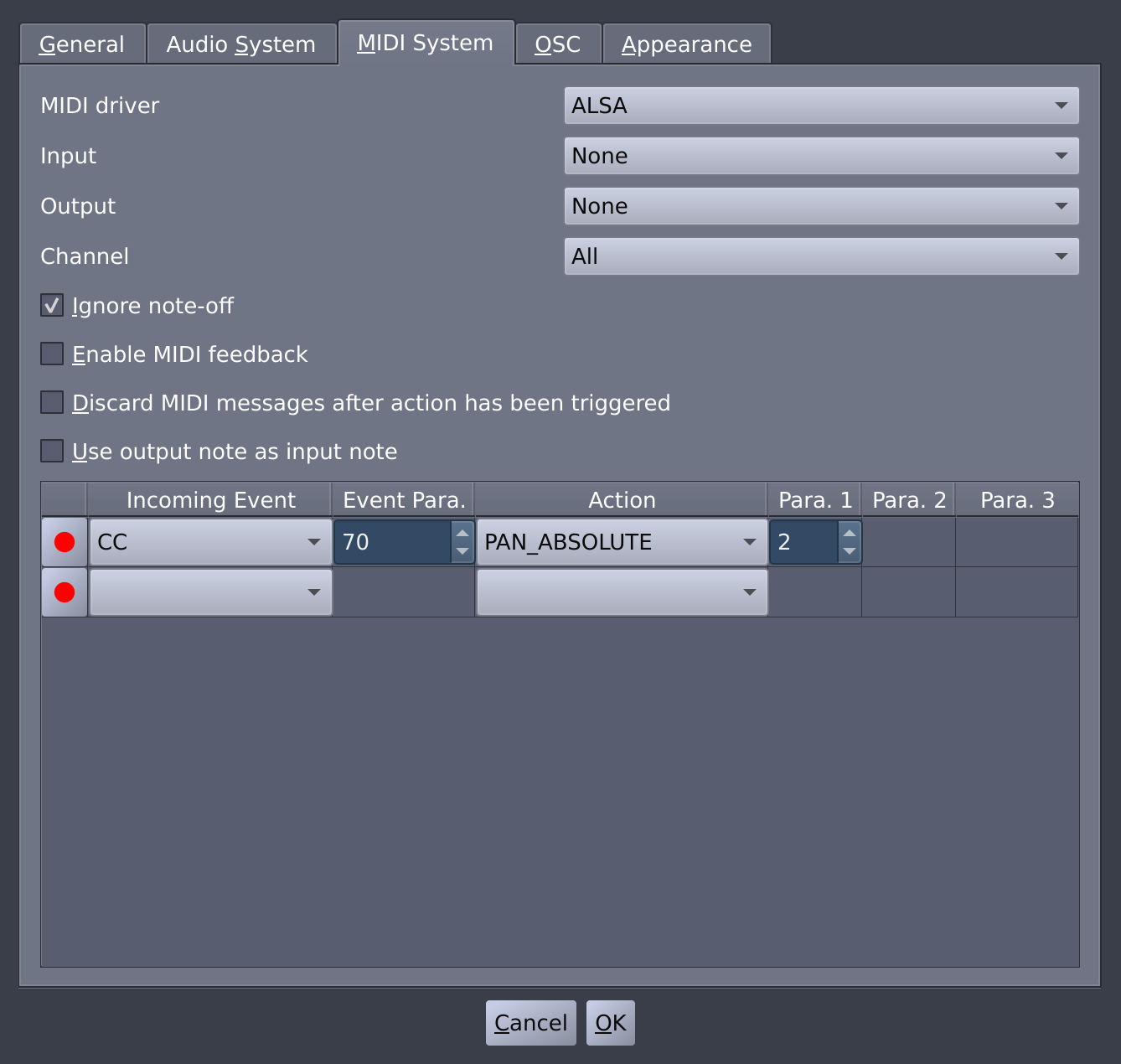 Actions are set in MIDI System tab of the Preferences Dialog