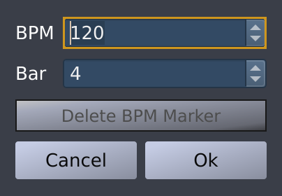 Dialog for entering/altering a BPM Marker. In the two text inputs in at the upper half of the dialog one can specify the "BPM" (top) and the "Bar" (below). Underneath there is a large button titled "Delete BPM Marker". At the bottom there are "Cancel" (left) and "OK" (right) buttons.