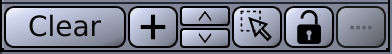 Main Controls for the Song Editor. From left to right: larger button bearing the text "CLEAR" for deleting all patterns, new pattern button, two buttons to move the selected pattern down and up, two buttons to activate the Draw and the Select mode, and the button to switch between Selected Pattern Mode and Stacked Pattern Mode.