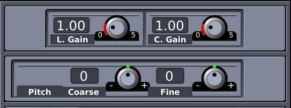 Four rotaries with corresponding displays: "L. GAIN" (top left), "C. VOLUME" (top right), "PITCH" (bottom left), and "FINE" (bottom right).