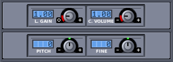 Four rotaries with corresponding LCDs: "L. GAIN" (top left), "C. VOLUME" (top right), "PITCH" (bottom left), and "FINE" (bottom right).