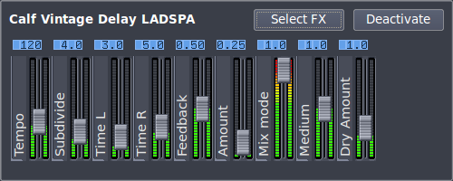 Example widget to alter the properties of a LADSPA FX. At the top left the name of the FX is displayed and at the top left two buttons - "Select FX" and "Deactive" - are shown. In the remainder there are several vertical strips stacked horizontally with each one carrying: an LCD displaying the current value (top), the name of the parameter (left), and a fader with included meter (right).
