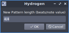 Dialog for entering the "New Pattern length (beats/note value)" via a Text input in the middle. At the bottom there are "Cancel" (right) and "OK" (left) buttons.