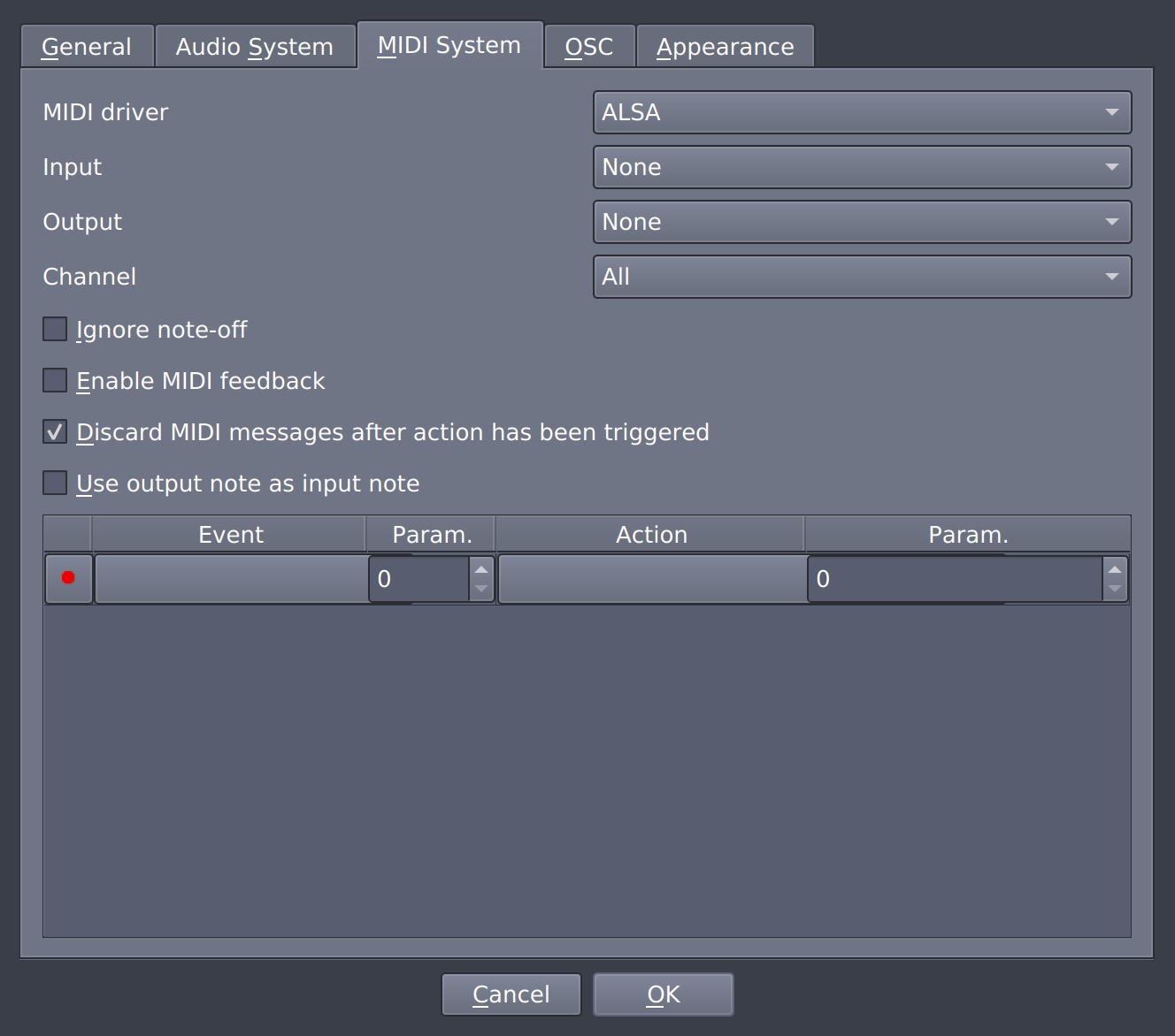 MIDI Actions are set in MIDI System tab of the Preferences Dialog