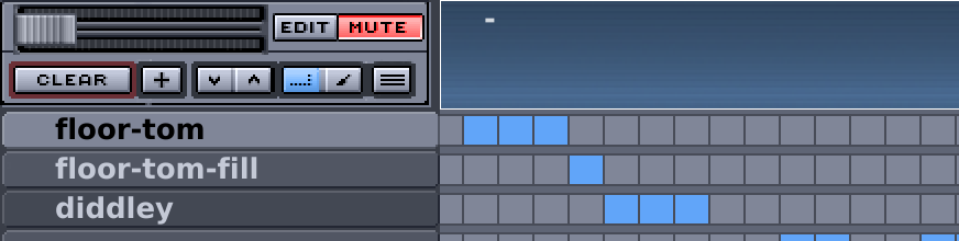 Figure showing the Playback track ontop of the Song Editor. At the left side there are several controls: the upper half consists of a larger fader and an "EDIT" (middle) and "MUTE" (right) button. The lower half contains the Main Controls of the Song Editor. The right half is made up by an dark-blue area may will contain the waveform of the Playback track but is empty in this example.