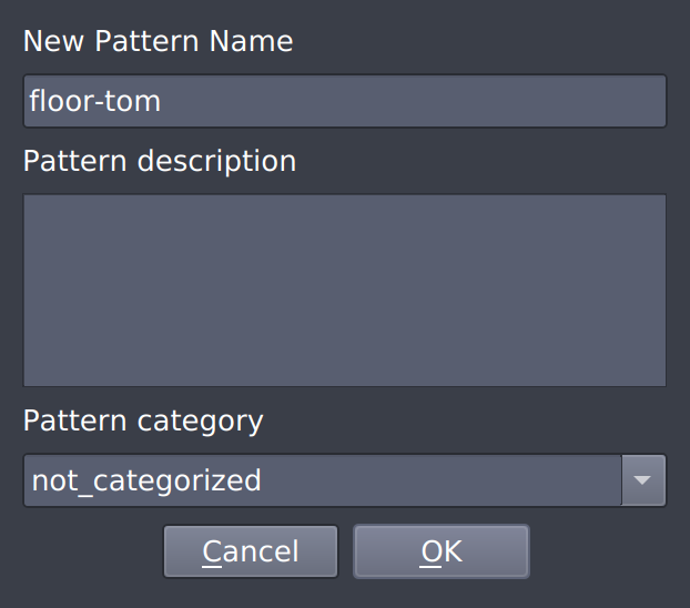 Dialog appearing when changing the properties of a pattern. At the top text input one specifies the "New Pattern Name". In the larger one below the "Pattern description". Underneath one can select the "Pattern category". At the bottom there are "Cancel" (left) and "OK" (right) buttons.